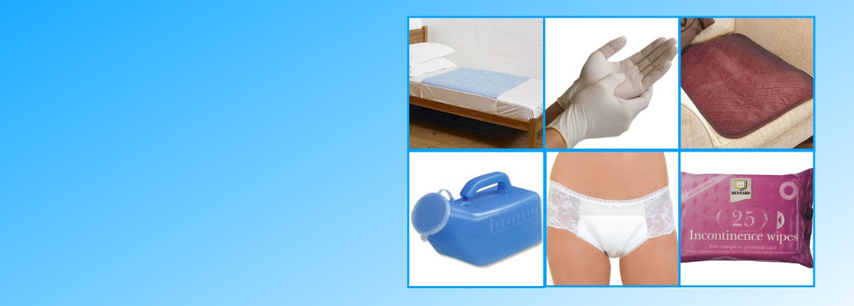 images of bladder and bowel products on a blue gradient background