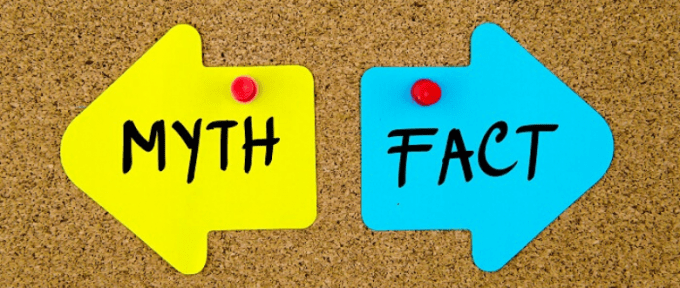 myth and fact written on arrow shaped sticky notes