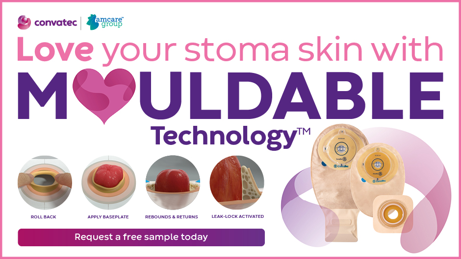 A banner graphic reads 'Love your stoma skin with mouldable technology. Rollback, apply baseplate, rebounds & returns, leak-lock technology. Request a free sample today.'