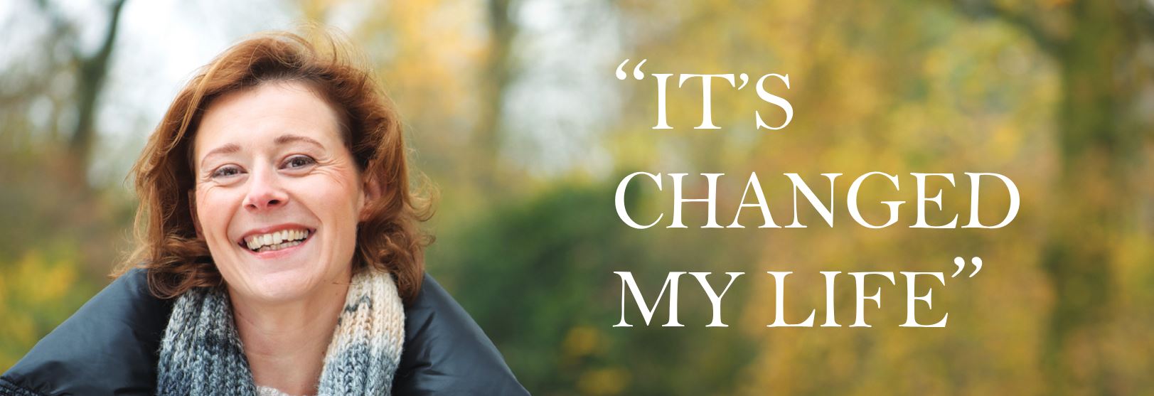 An graphic from Aquaflush to represent transanal irrigation with a photo of a women smiling with a quote next to her reading 'It's changed my life'