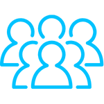 Blue line icon showing five people in a group, symbolizing community, prevalence, or shared experience.