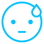Blue outline of a neutral face with two eyes, a straight mouth, and a single sweat drop on the forehead, symbolizing worry, shame, or embarrassment.