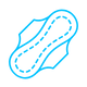 Blue outline of a sanitary or incontinence pad, with dashed lines for absorbent layers, representing menstrual or bladder leak protection.