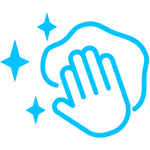 Blue line drawing of a hand wiping a surface with sparkles around it, representing cleanliness or hygiene.