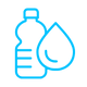 Blue line art of a water bottle next to a large water droplet with a smile, symbolizing hydration and fluid intake.