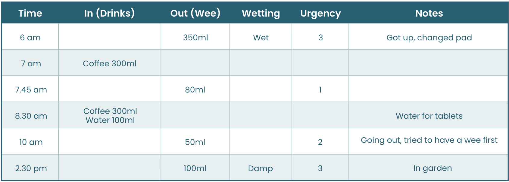 Example of bladder diary entry showing time, drinks, wee volume, wetting and urgency columns