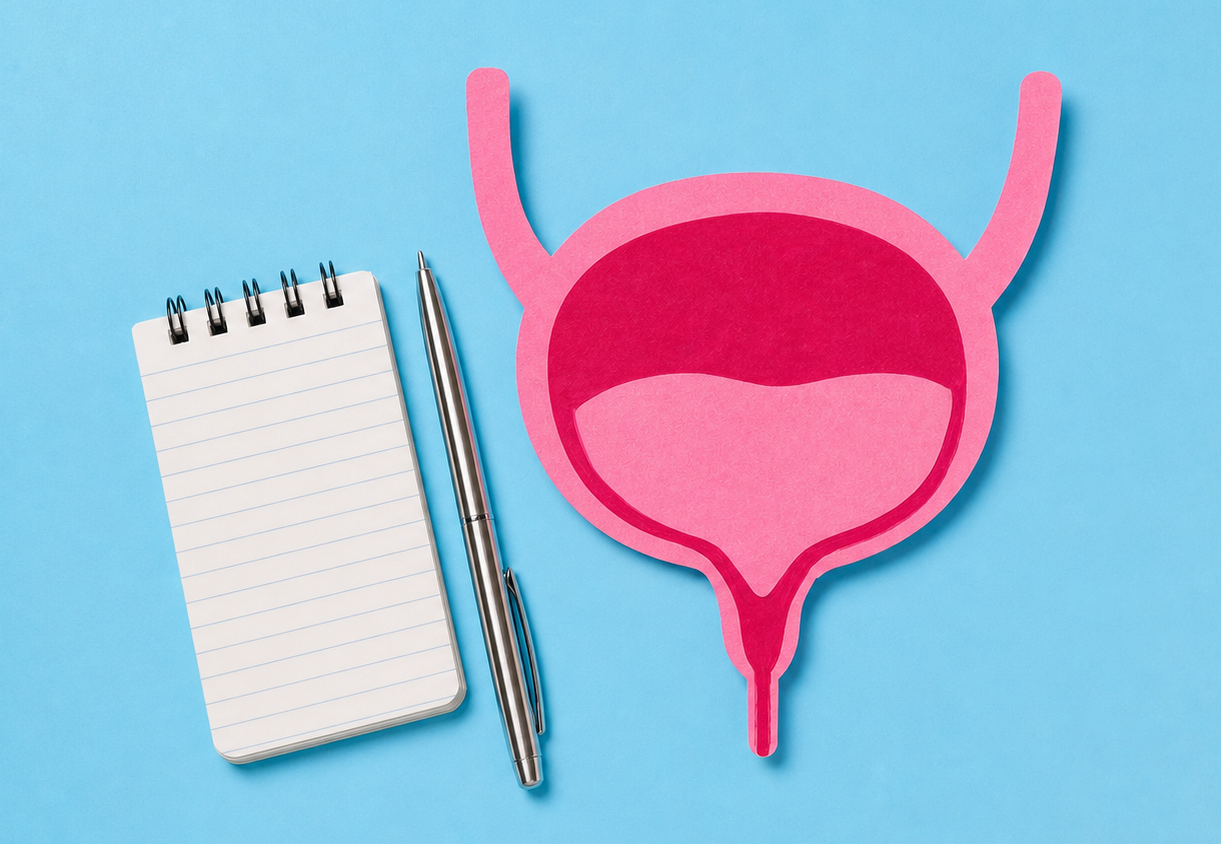Illustrated notepad and bladder graphic — Bladder & Bowel UK adult bladder diary